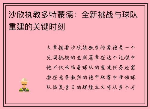 沙欣执教多特蒙德:全新挑战与球队重建的关键时刻 沙欣执教多特蒙德:全新挑战与球队重建的关键时刻