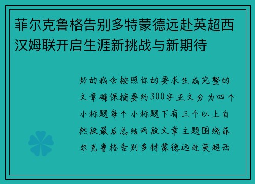 菲尔克鲁格告别多特蒙德远赴英超西汉姆联开启生涯新挑战与新期待
