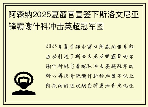 阿森纳2025夏窗官宣签下斯洛文尼亚锋霸谢什科冲击英超冠军图